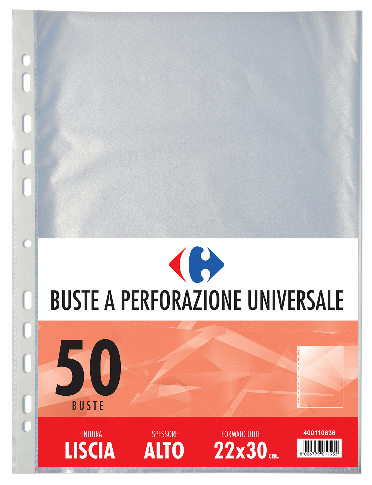 Carrefour Confezione 50 Buste A Perforazione Universale Alto Spessore Finitura Liscia foglio di protezione 210 x 297 mm (A4) Polipropilene (PP) 50 pz