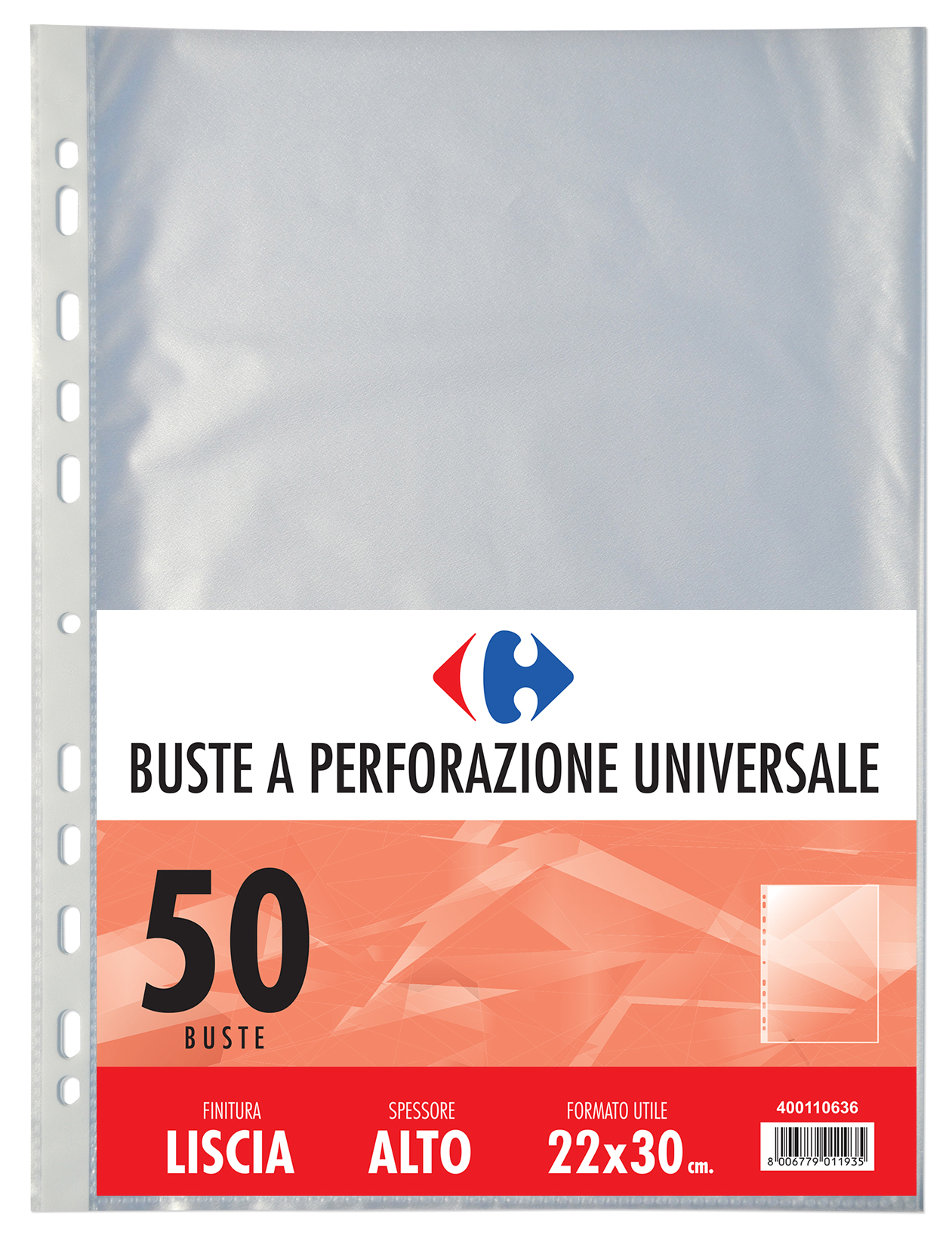 Carrefour Confezione 50 Buste A Perforazione Universale Alto Spessore  Finitura Liscia foglio di protezione 210 x 297 mm (A4) Polipropilene (PP)  50 pz