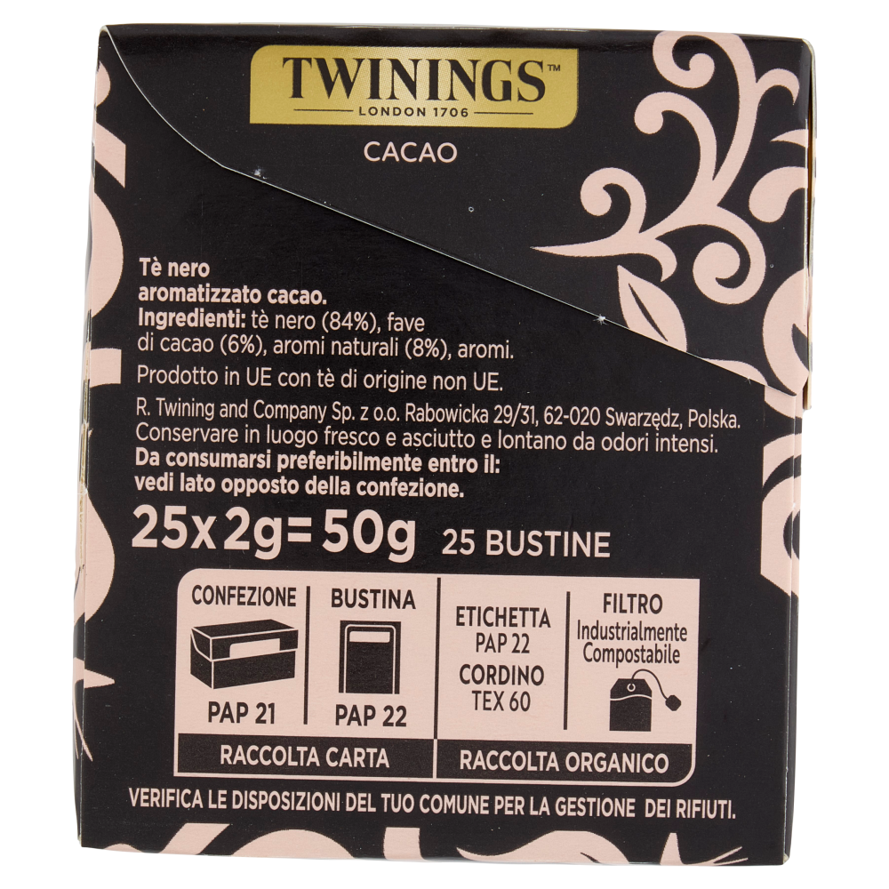 Twinings Cacao Tè Nero aromatizzato 25 filtri The 50 g
