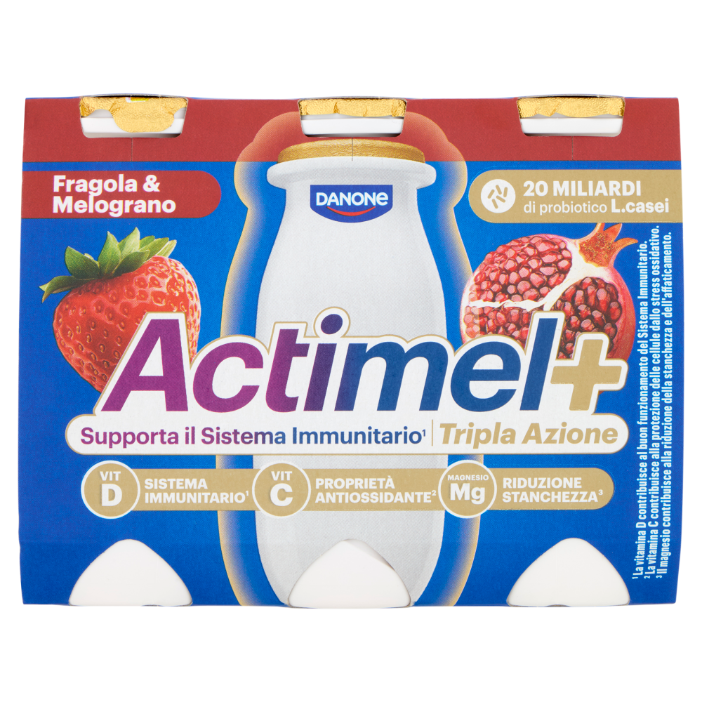 ACTIMEL Tripla Azione, Yogurt da Bere con Vit D e C e Magnesio, gusto Fragola&Melograno,6x100G