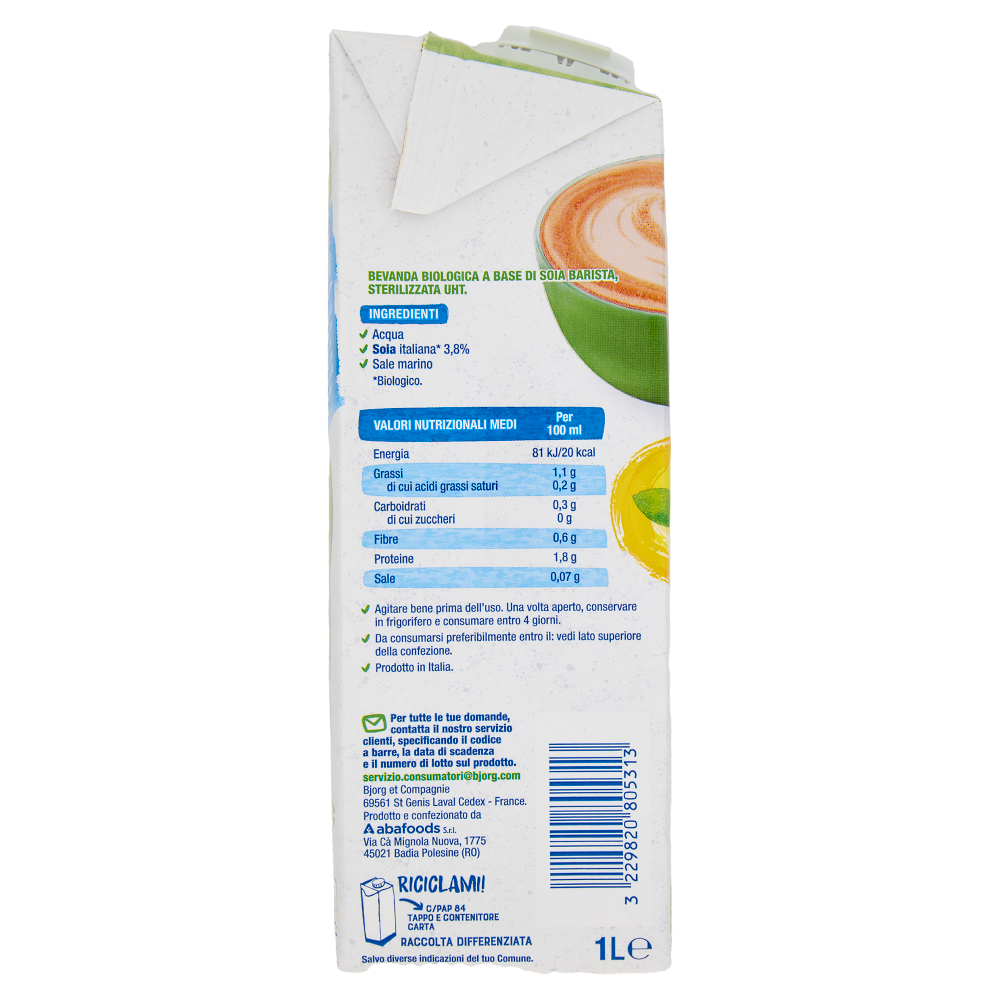 BJORG Soia Barista Bevanda Vegetale Biologica, Senza Zuccheri Aggiunti, Prodotto in Italia, 1L