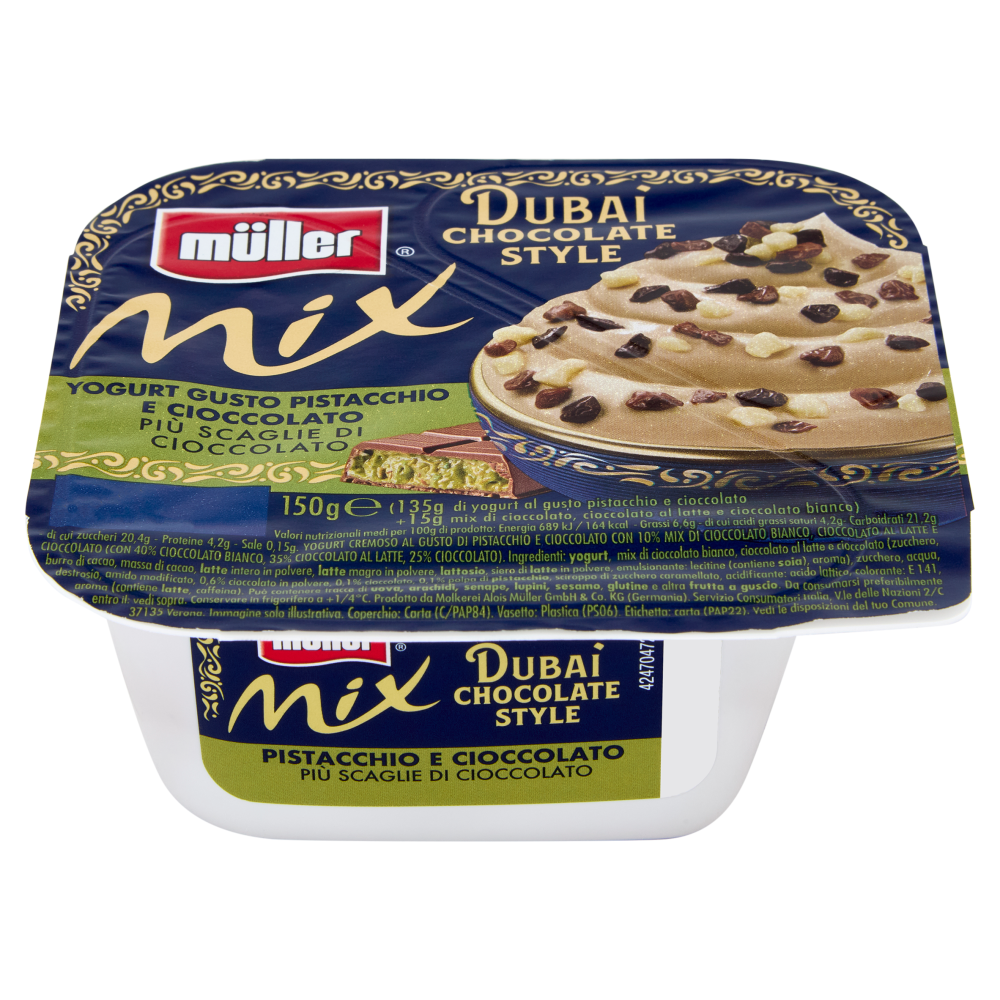 m&uuml;ller Mix Dubai Chocolate Style Yogurt Gusto Pistacchio e Cioccolato Pi&ugrave; Scaglie di Cioccolato 150g