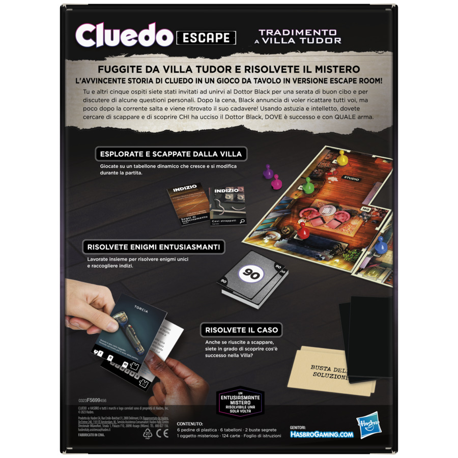 Cluedo Escape - Il Tradimento a Villa Tudor Refresh, un gioco di misteri ed enigmi in versione Escape Game, un gioco da tavolo cooperativo per famiglie, dai 10 anni in su, da 1 a 6 giocatori