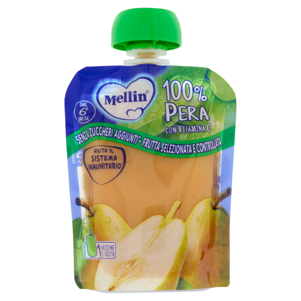 MELLIN Merenda di Frutta 100% con Vitamina C, Pera, a partire dal 6° mese, Pouch 90 g