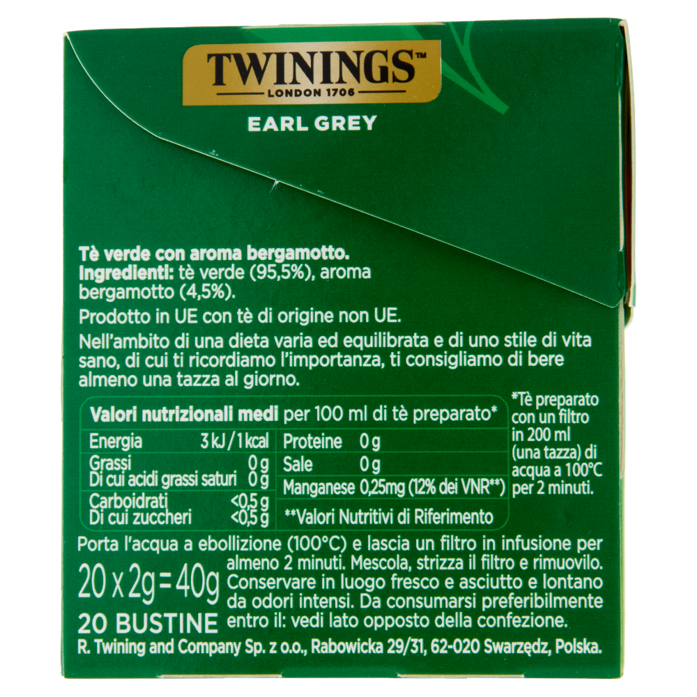 Twinings Earl Grey Tè Verde aromatizzato Bergamotto Antiossidante e Supporto Ossa 20 filtri The 40 g