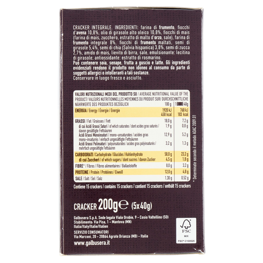 Galbusera BelleBuone il Cracker che non c'era Avena e Mix di Semi 5 x 40 g