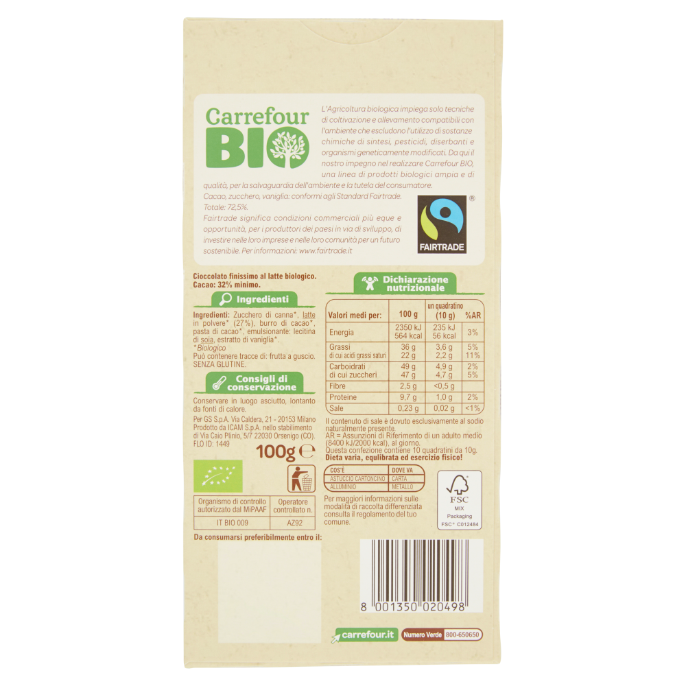 Carrefour Bio Cioccolato finissimo al latte Extra Fine Biologico Equosolidale 100 g