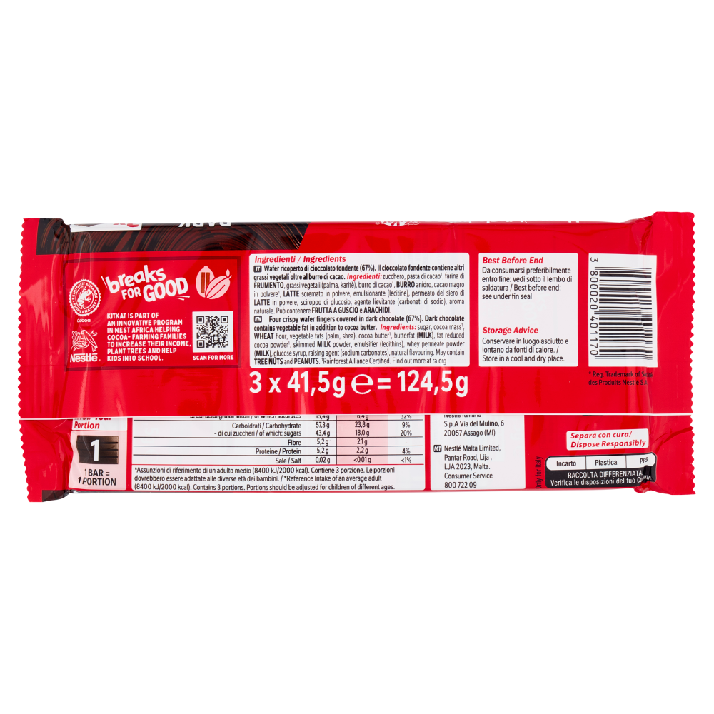 KITKAT Dark Wafer ricoperto di Cioccolato Fondente 3 Snack da 41,5g