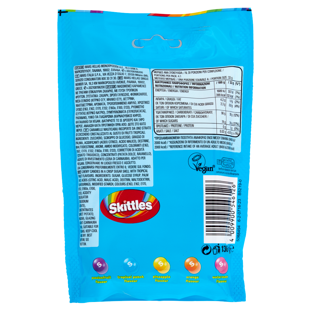Skittles Tropical, Caramelle Assortite al Gusto di Frutta Tropicale, 136g