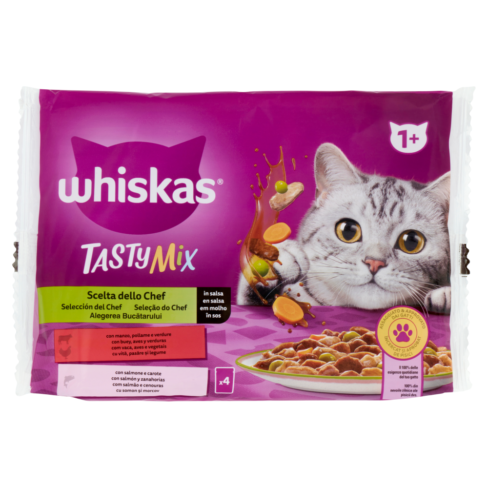 Whiskas Tasty Mix Scelta dello Chef in salsa con manzo pollame e verdure, con salmone e carote 4x85g