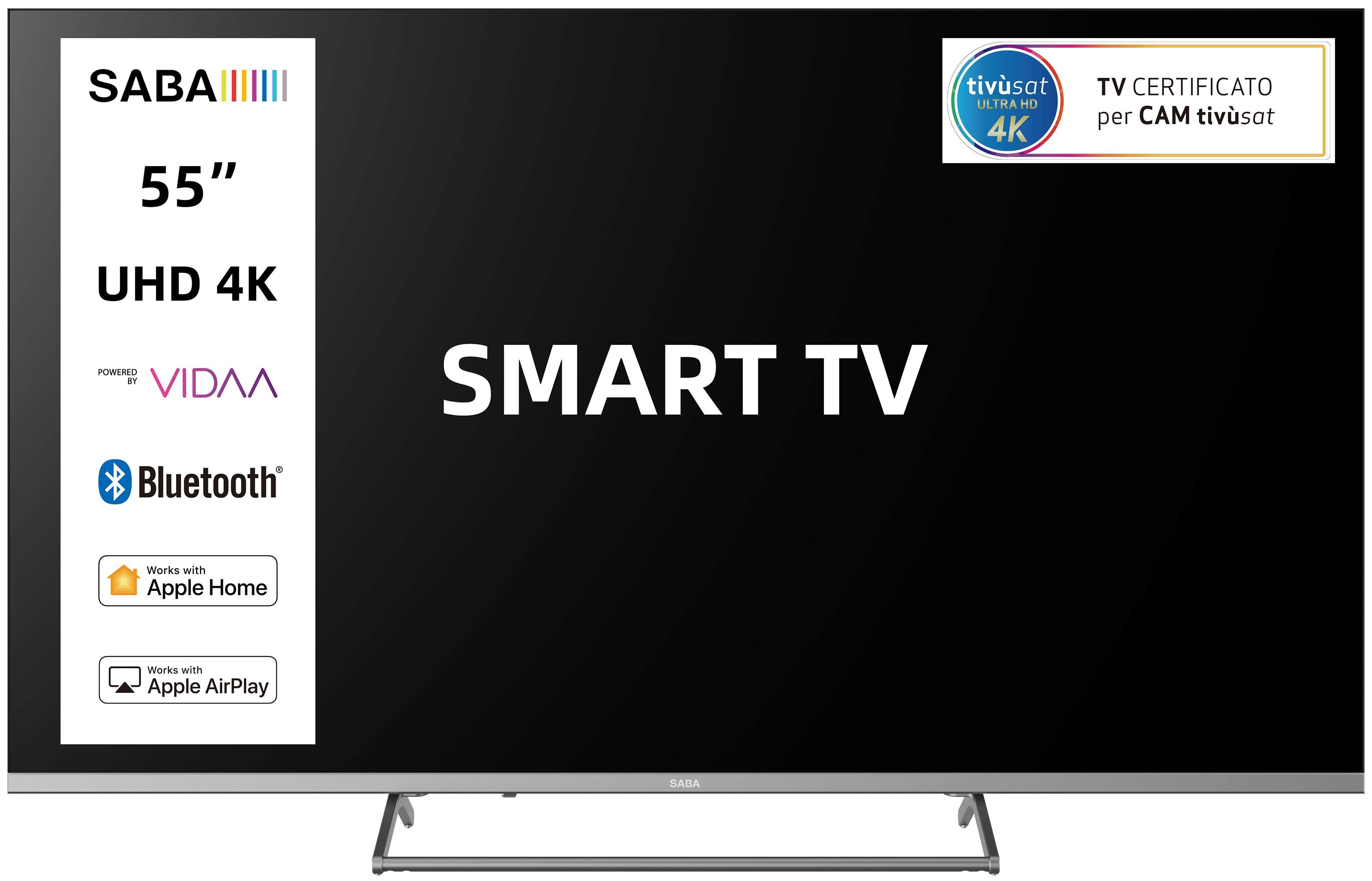 SABA SA55KM10VDA SMART TV 55" ULTRA HD 4K, Sistema operativo VIDAA, Triplo tuner DVBT2/C/S2 HEVC MAIN10, Certificato TivuSAT, Piedistallo centrale, Dolby Audio