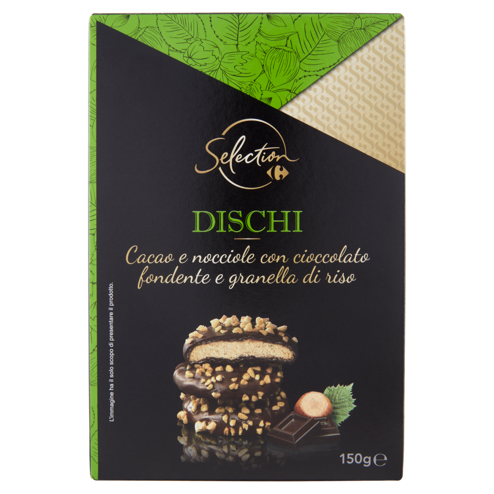 Carrefour Selection Dischi Cacao e nocciole con cioccolato fondente e granella di riso 150 g