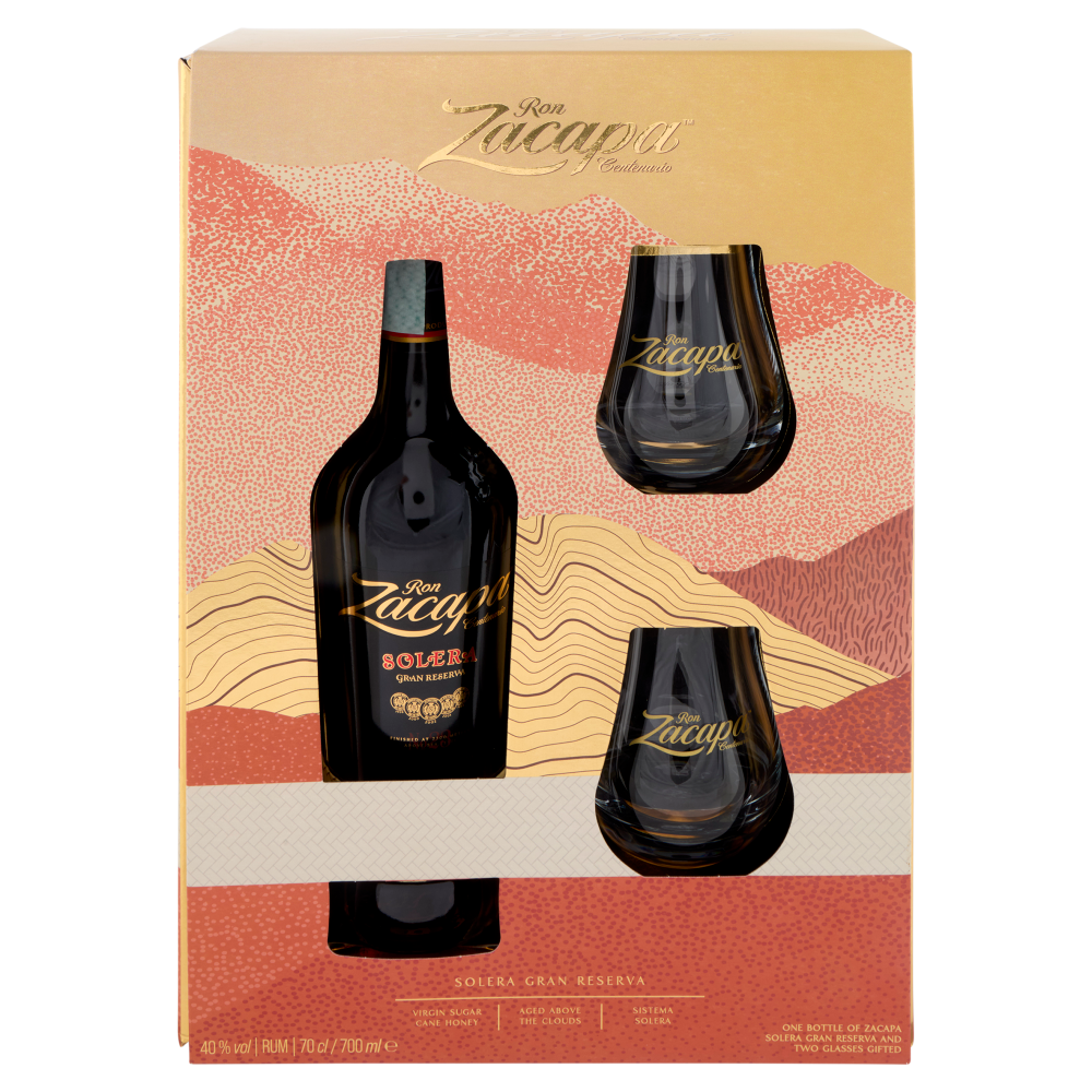 Ron Zacapa Centenario Solera Gran Reserva 70 cl + Glasses Gifted 2 pz