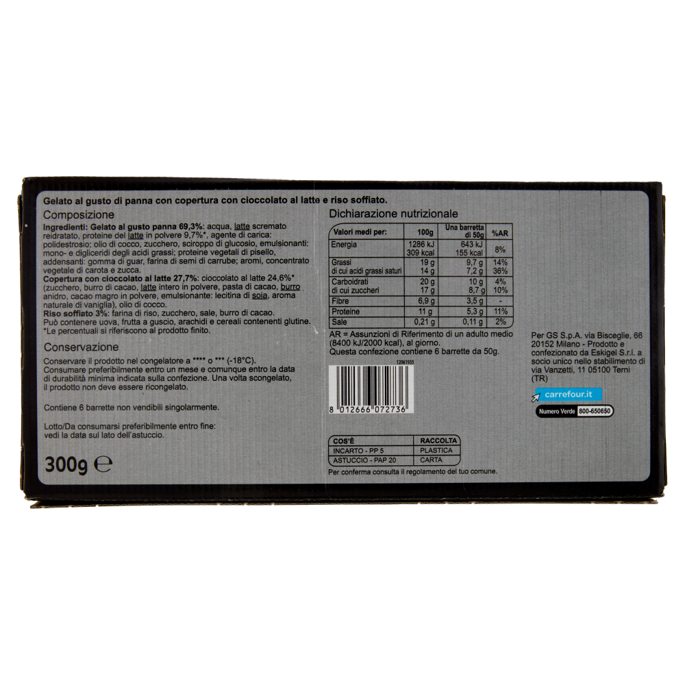 Carrefour Sensation Protein Barrette Gelato Gusto Panna Ricoperte con Cioccolato al Latte 6 x 50 g