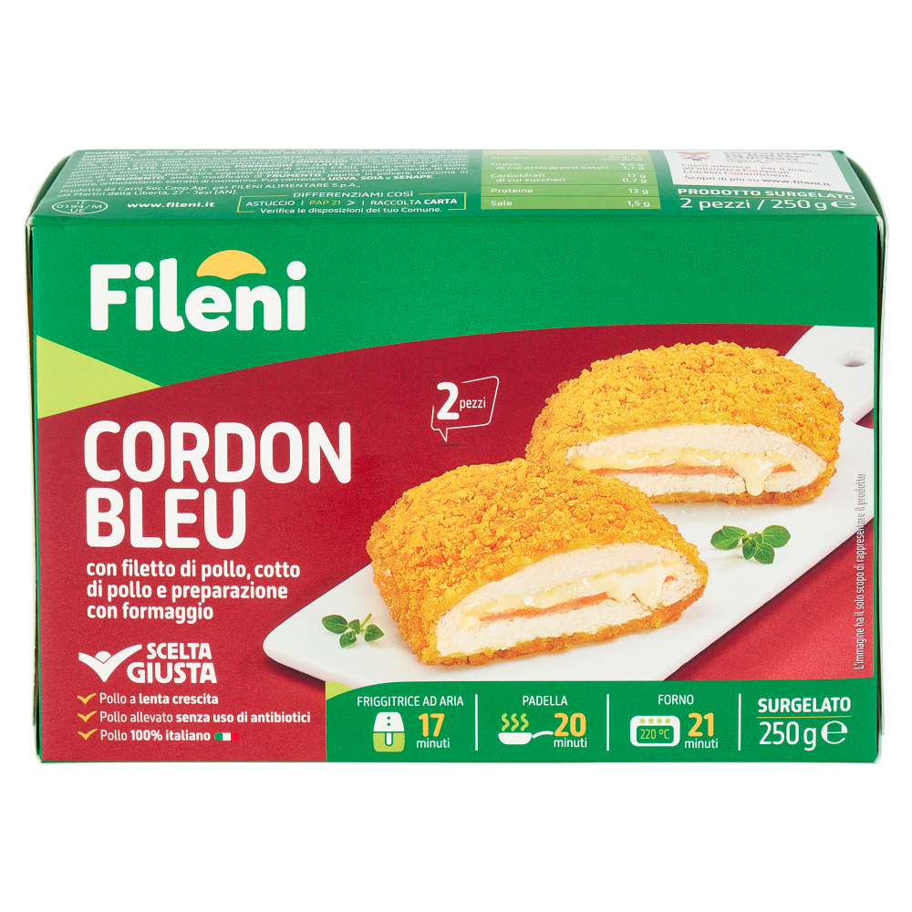 Fileni Cordon Bleu con filetto di pollo, cotto di pollo e preparazione con formaggio Surgelato 250 g