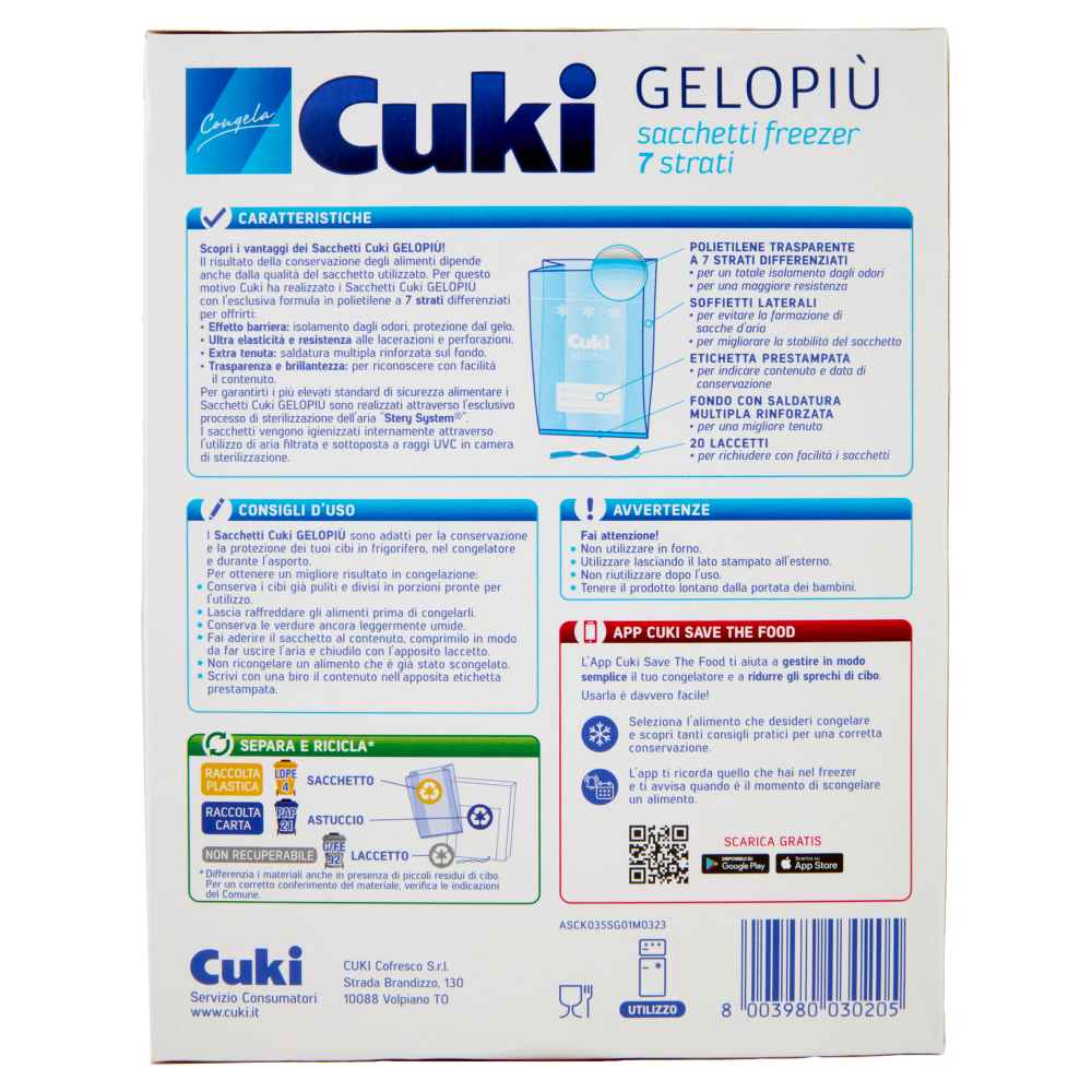 Cuki Congela Gelopi&ugrave; sacchetti freezer 7 strati Formato Medio 23 x 32 cm 20 pz