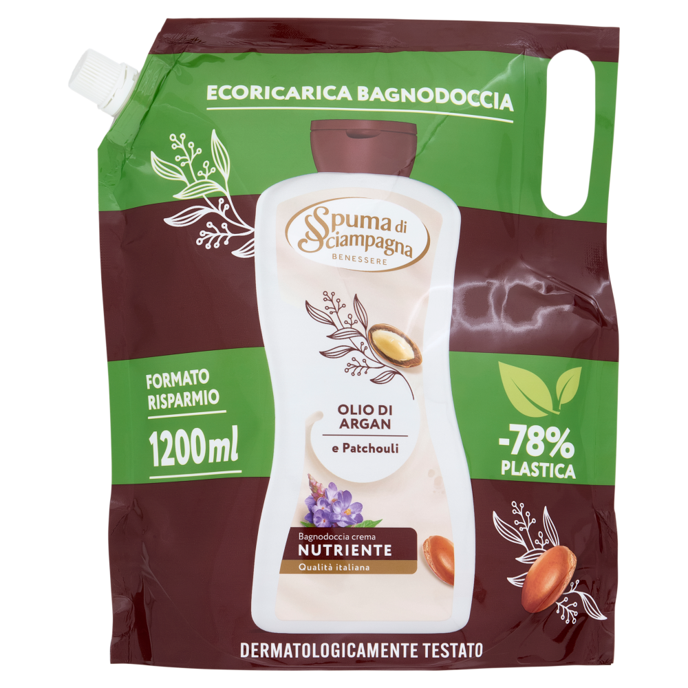 Spuma di Sciampagna Benessere Bagnodoccia crema Nutriente Olio di Argan e Patchouli Ecoric. 1200 ml