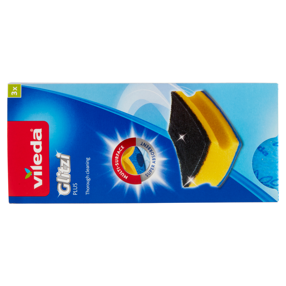 Vileda Glitzi Plus - spugna abrasiva a triplo strato, salvaunghie e con fibra nera. 3x