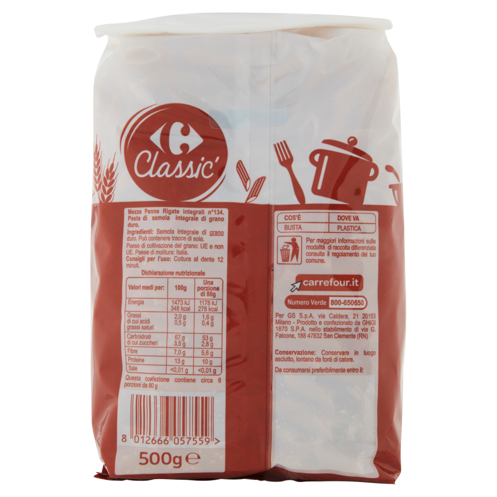 Carrefour Classic Mezze Penne Rigate Integrali N.134 500 g