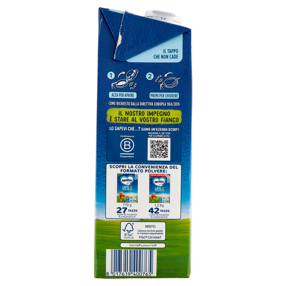 MELLIN 4 - Latte di Crescita Liquido, dal 24&deg; mese compiuto al 36&deg;, Fonte di Ferro, 1L