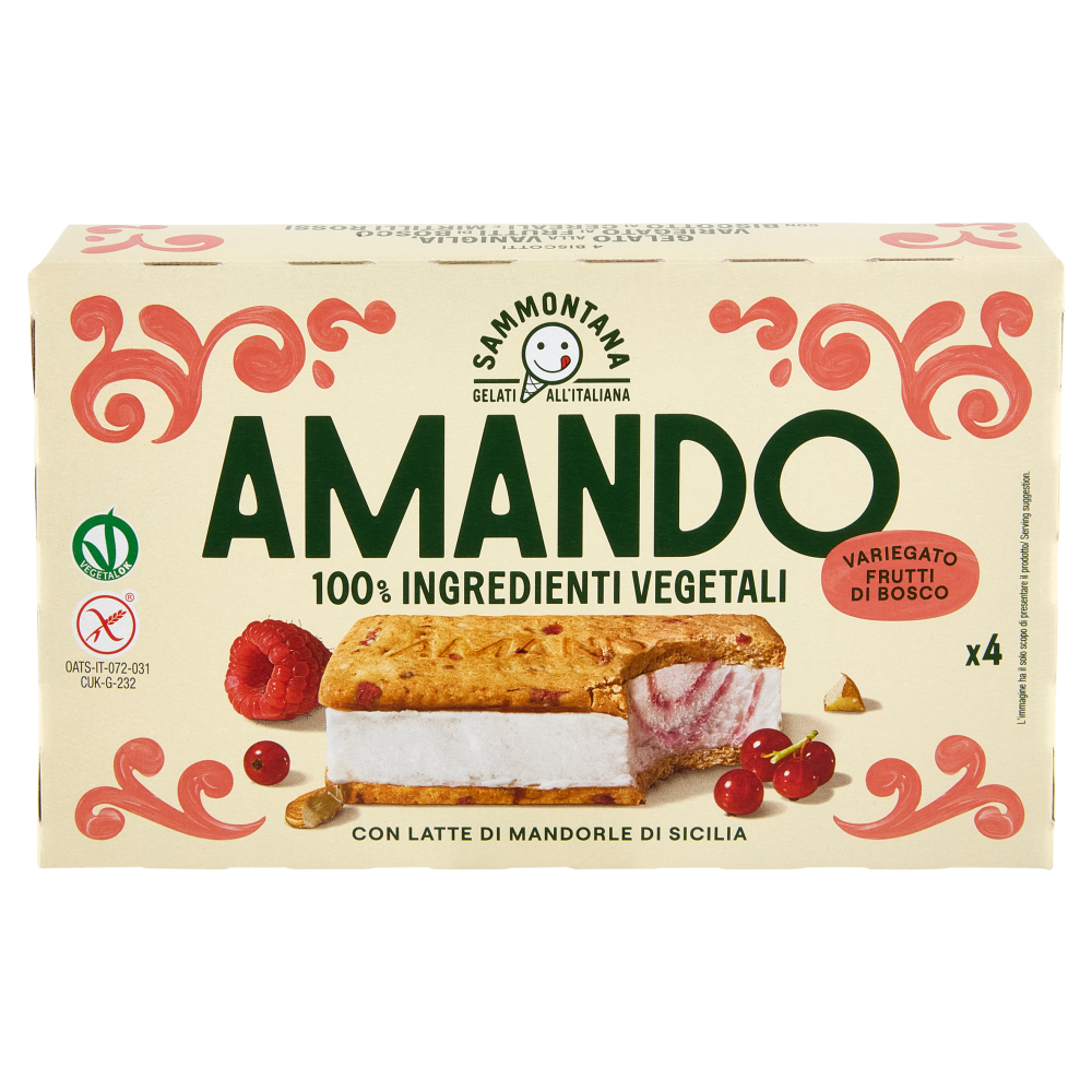 Sammontana Amando 4 Biscotti Gelato alla Vaniglia, Variegato ai Frutti di Bosco 4 x 52 g