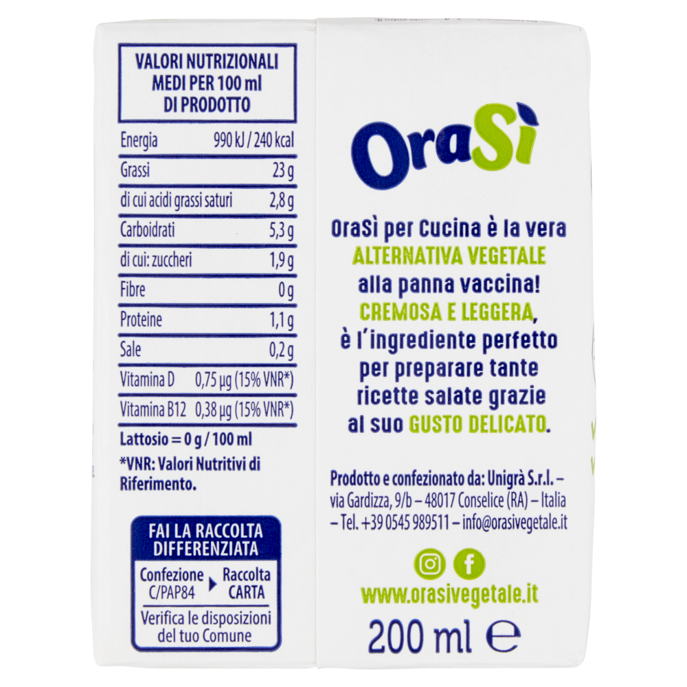 OraSì 100% Vegetale per Cucina 200 ml
