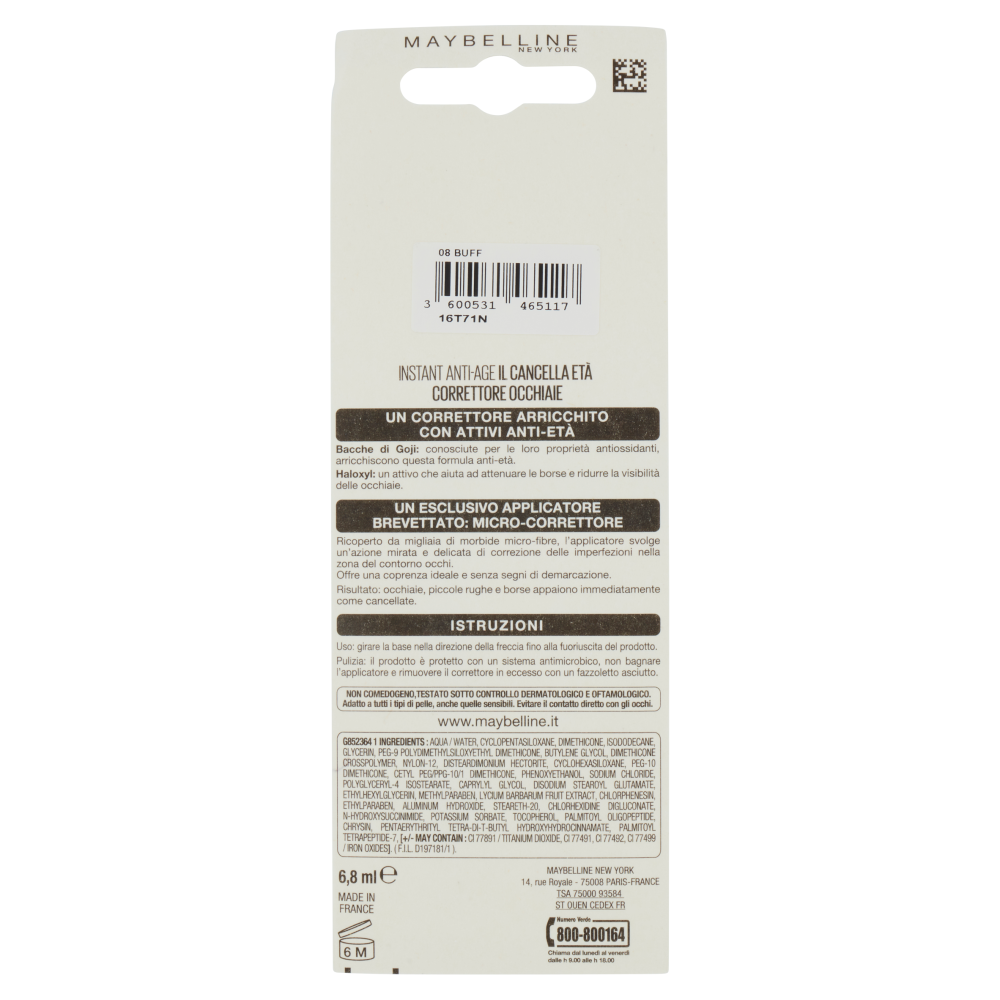 Maybelline New York Correttore Liquido Il Cancella Età, Copre Occhiaie e Piccole Rughe, 08 Buff