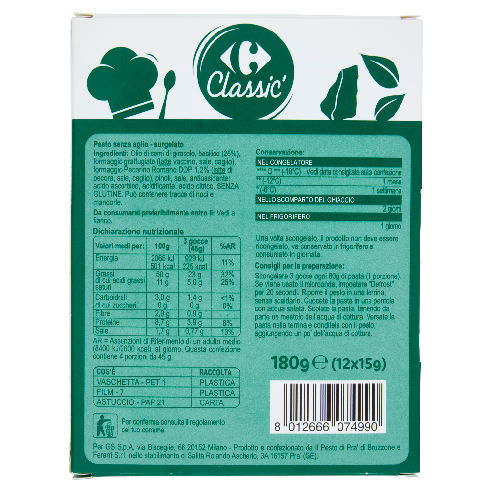 Carrefour Classic Pesto Senz'Aglio surgelato 12 x 15 g