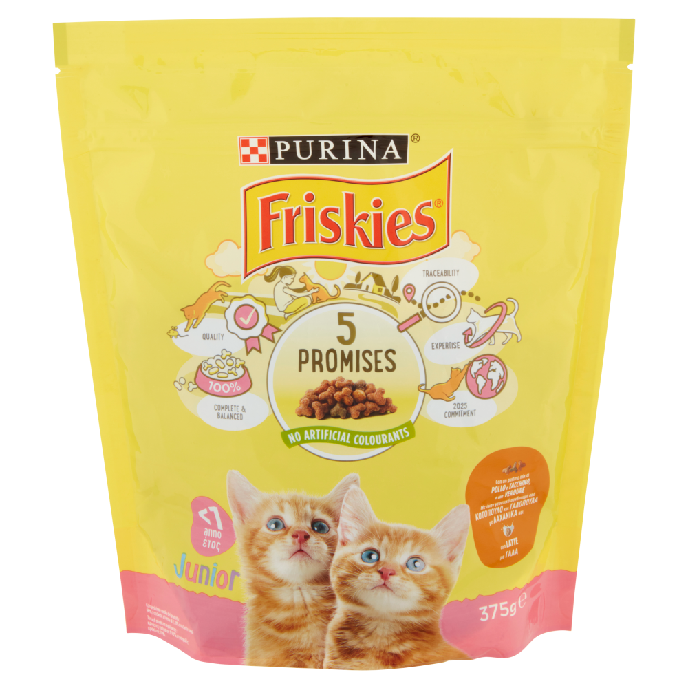 PURINA FRISKIES Gatto Junior Con un gustoso mix di Pollo e Tacchino, con Latte e con Verdure 375 g