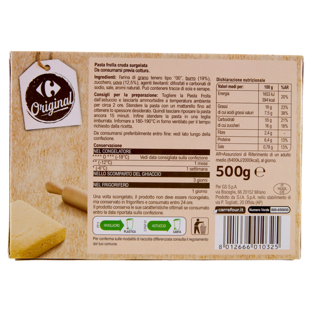Carrefour Original Pasta Frolla Surgelata 500 g