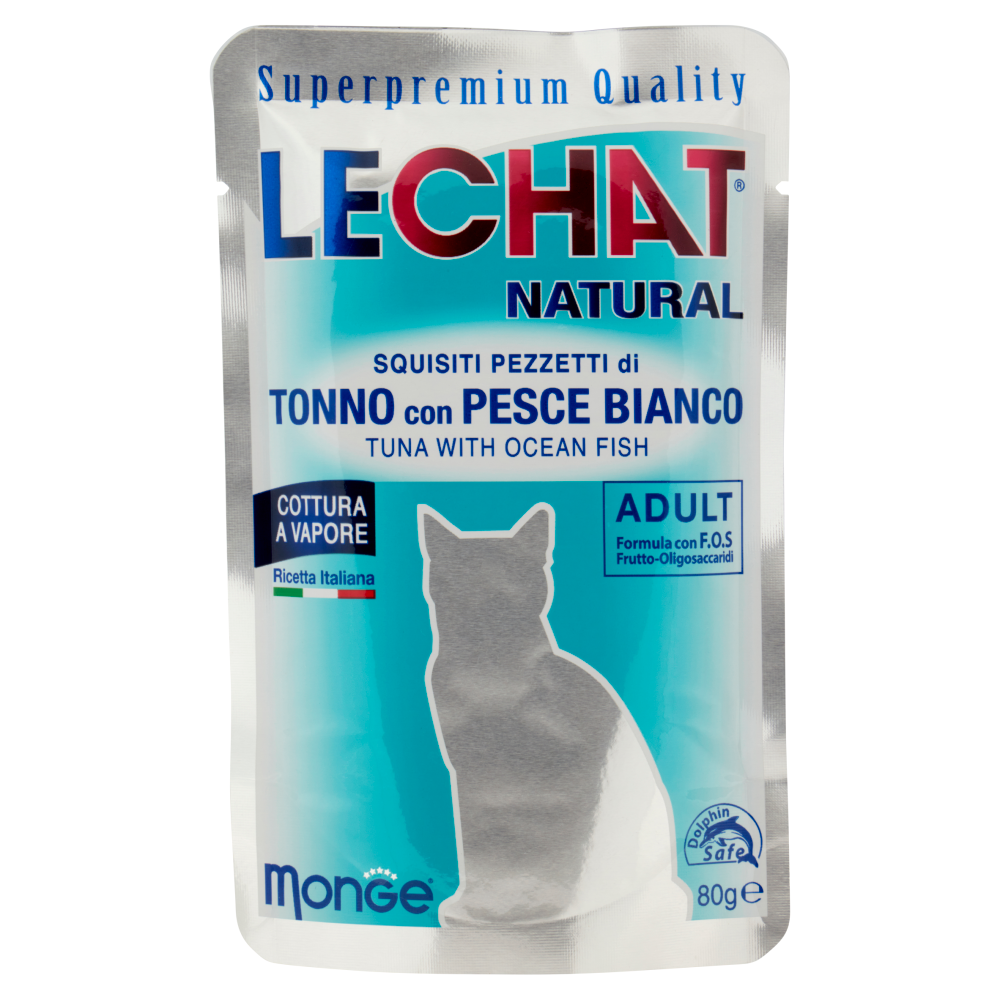 LeChat Natural Squisiti Pezzetti di Tonno con Pesce Bianco 80 g