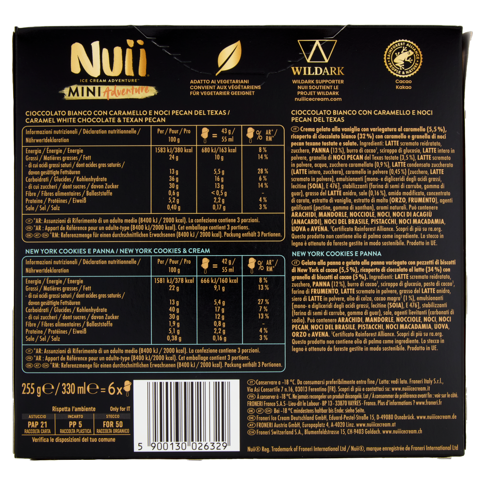 NUII Mini Adventure Ciocc.Bianco-Caramello-Noci Pecan del Texas,New York Cookies-Panna 6 Gelati 255g