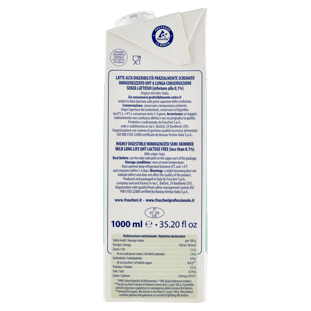 Frascheri latte parz. scremato senza lattosio UHT a Lunga Conservazione Alta Digeribilit&agrave; 1000 ml