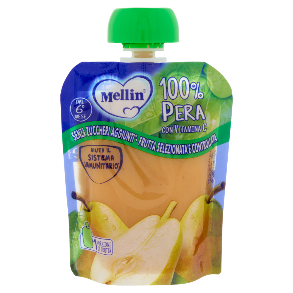 MELLIN Merenda di Frutta 100% con Vitamina C, Pera, a partire dal 6° mese, Pouch 90 g