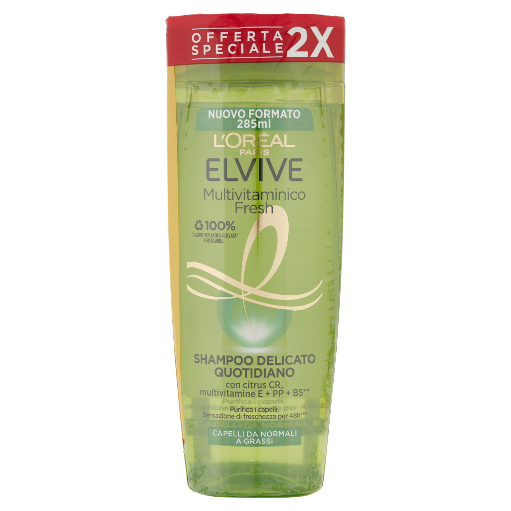L'Or&eacute;al Paris Shampoo Elvive Multivitaminico Fresh, Azione Vitalizzante, Confezione da 2
