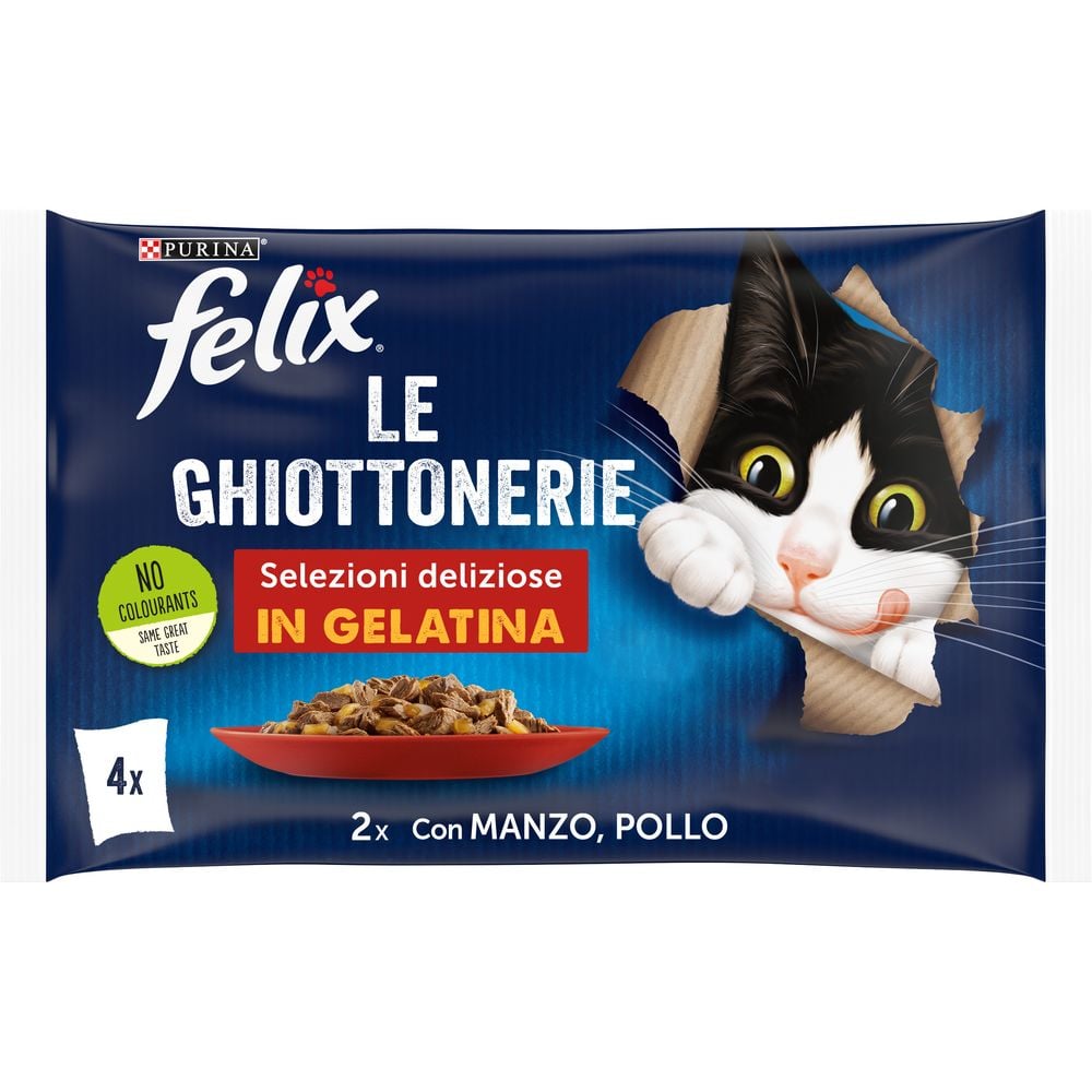 Felix le Ghiottonerie Selezioni Deliziose Cibo Umido per Gatti Adulti in Gelatina con Manzo e Pollo, 4 bustine da 85g