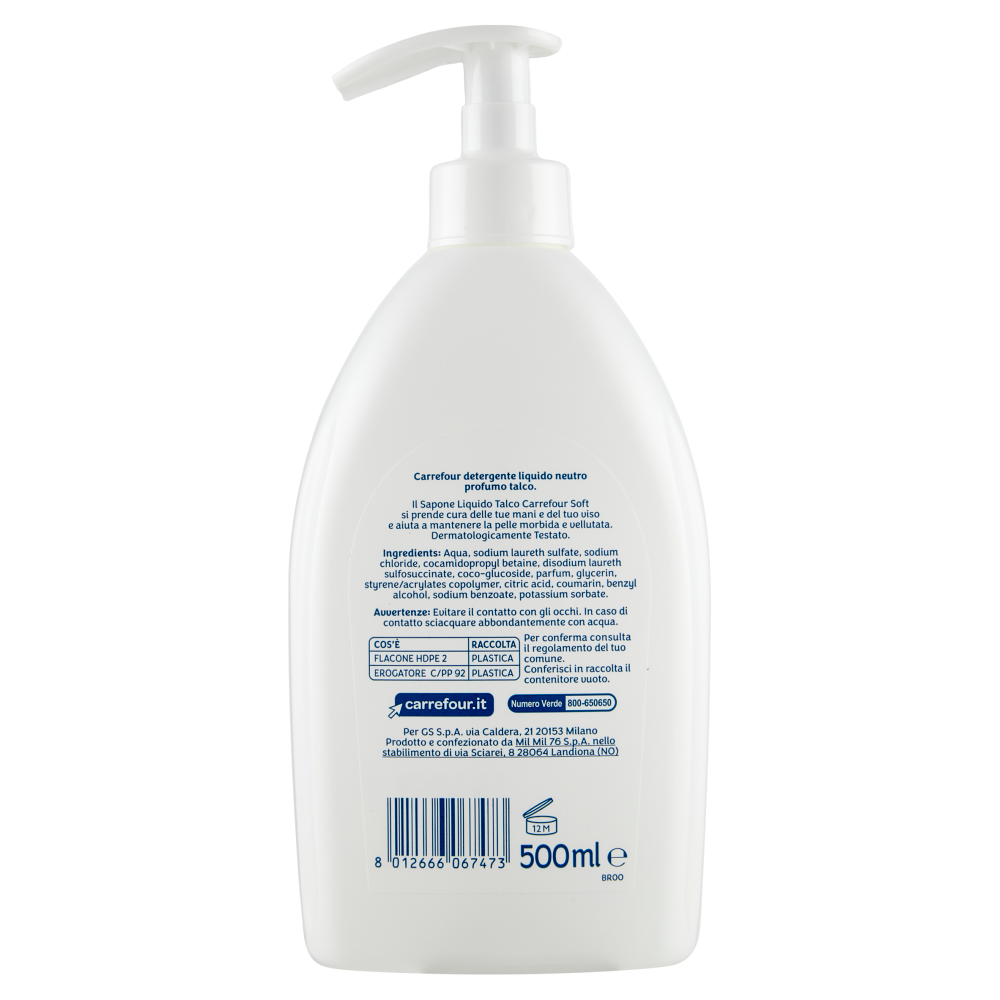 Carrefour Soft Neutro Detergente Liquido Profumo Talco 500 ml