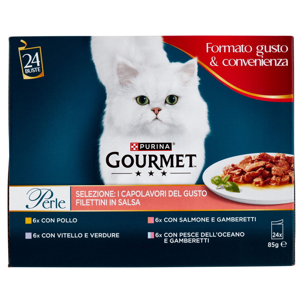 PURINA GOURMET Perle I Capolavori del Gusto Pollo, Vitello, Salmone, Pesce dell'Oceano 24x85g