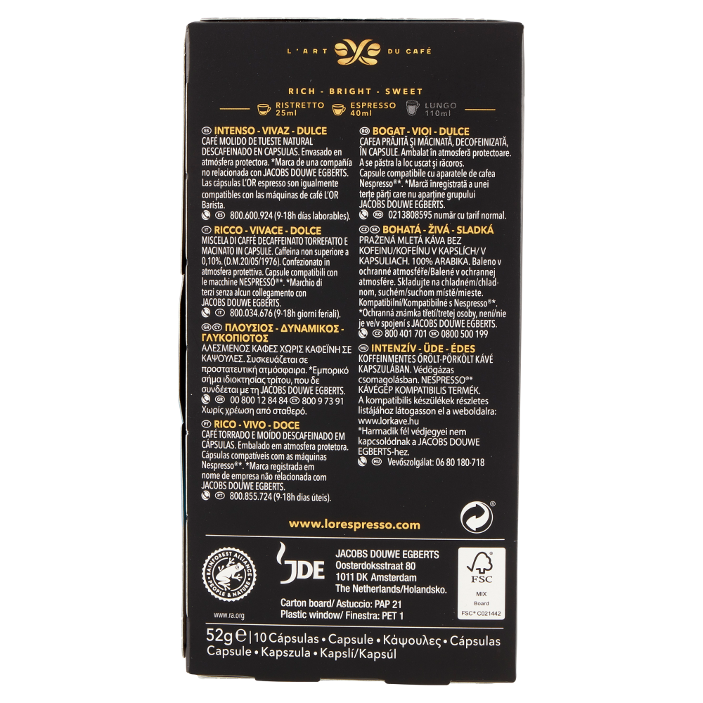 L'Or Espresso Decaffeinato Ristretto 9- 10 Capsule Caff&egrave; Comp. con Macchine Nespresso*&reg; Original 52g