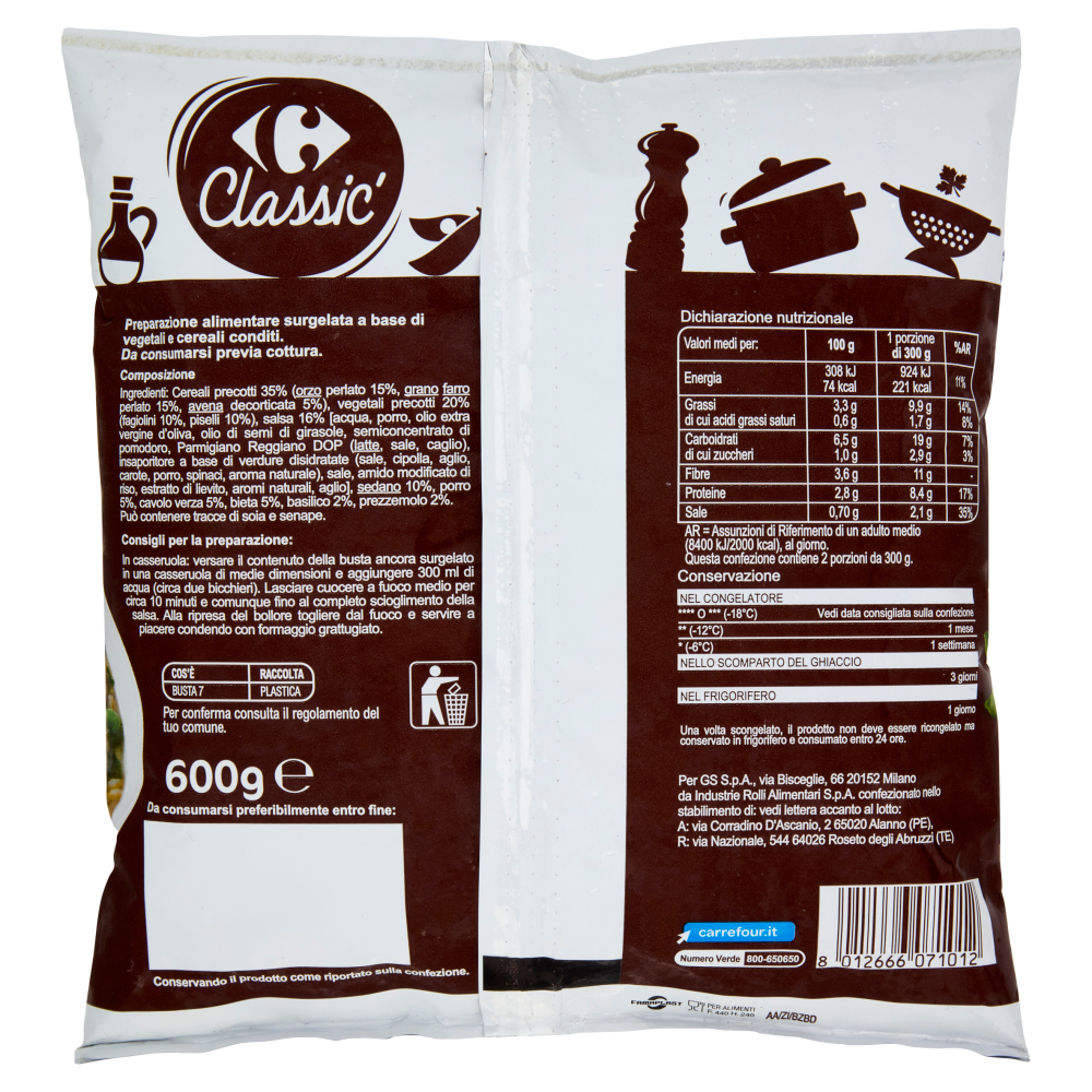 Carrefour Classic Zuppa di Vegetali e Cereali Surgelata 600 g