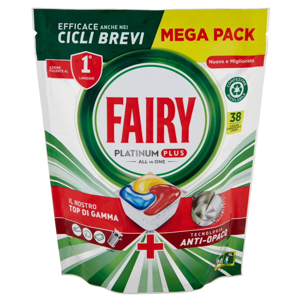 Fairy Pastiglie Lavastoviglie Platinum Plus Anti-Opaco, Detersivo Piatti Limone, 38 Capsule 589 g
