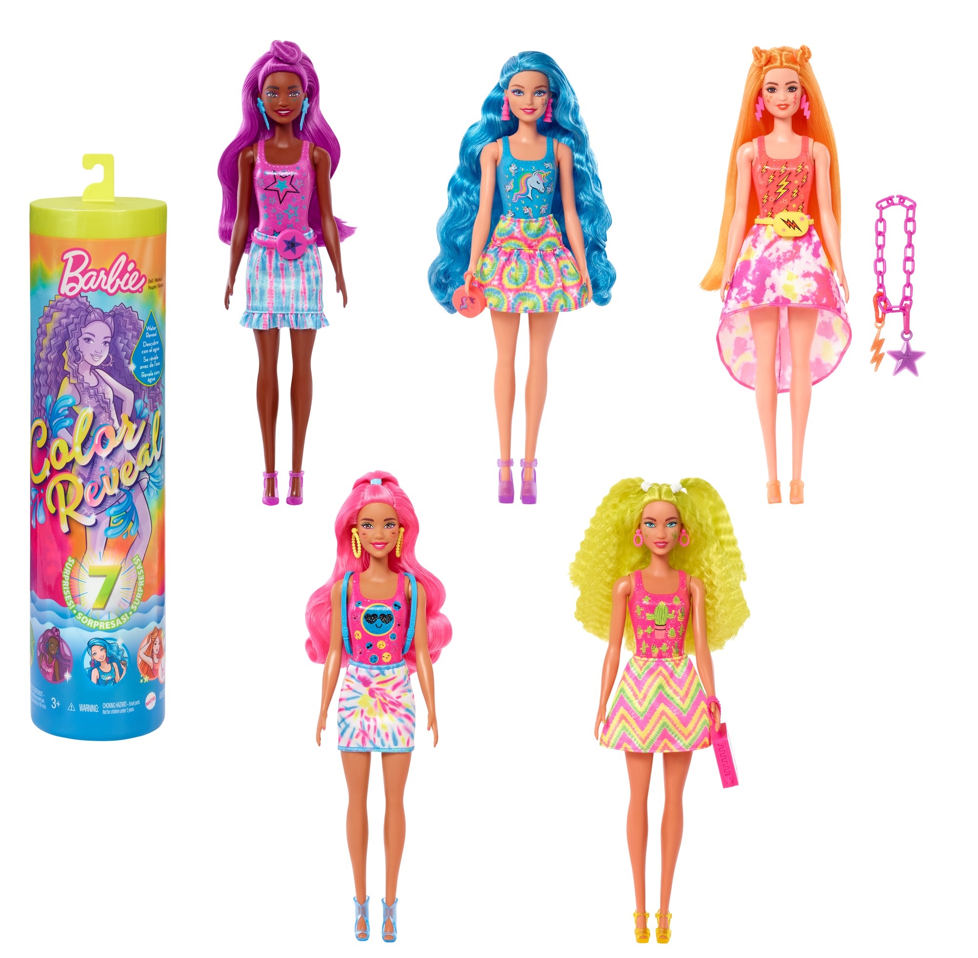 Barbie Color Reveal con 7 sorprese, Serie Fluo Tie-Dye con stampa Tie-Dye ed effetto cambia colore, Giocattolo e regalo per Bambini 3+ Anni