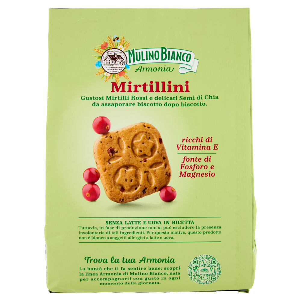 Mulino Bianco Armonia Mirtillini Biscotti Farina Integrale Mirtilli Rossi Senza Latte e Uova 270g