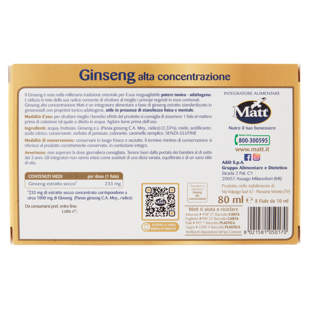 Matt Rimedi d'Oriente Ginseng alta concentrazione Fiale 8 x 10 ml