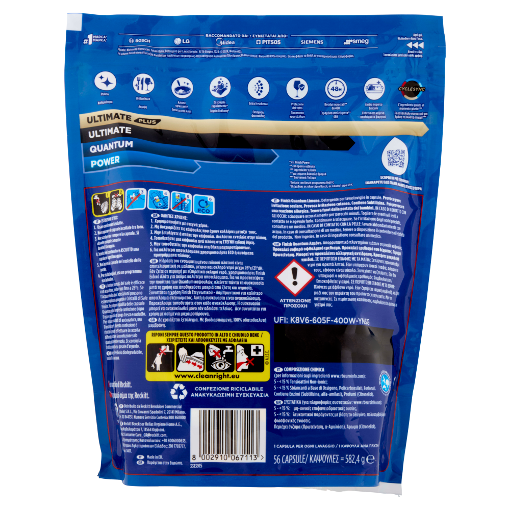 Finish Quantum Limone pastiglie lavastoviglie 56 lavaggi 582,4 g
