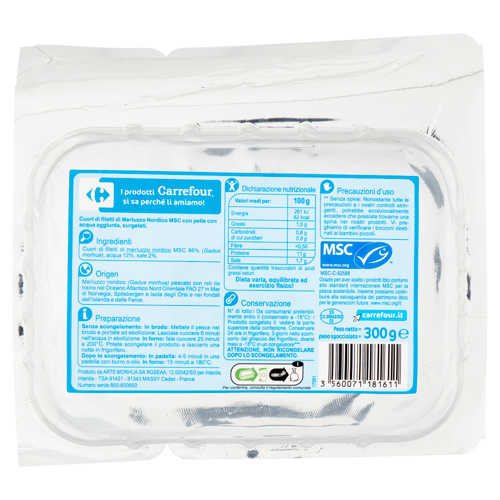 Carrefour Cuori di Merluzzo Nordico* 2 pezzi Surgelato 300 g