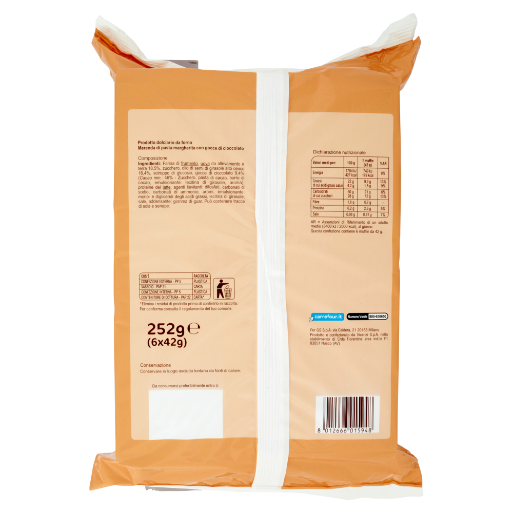 Carrefour Sensation Muffin con Gocce di Cioccolato 6 x 42 g