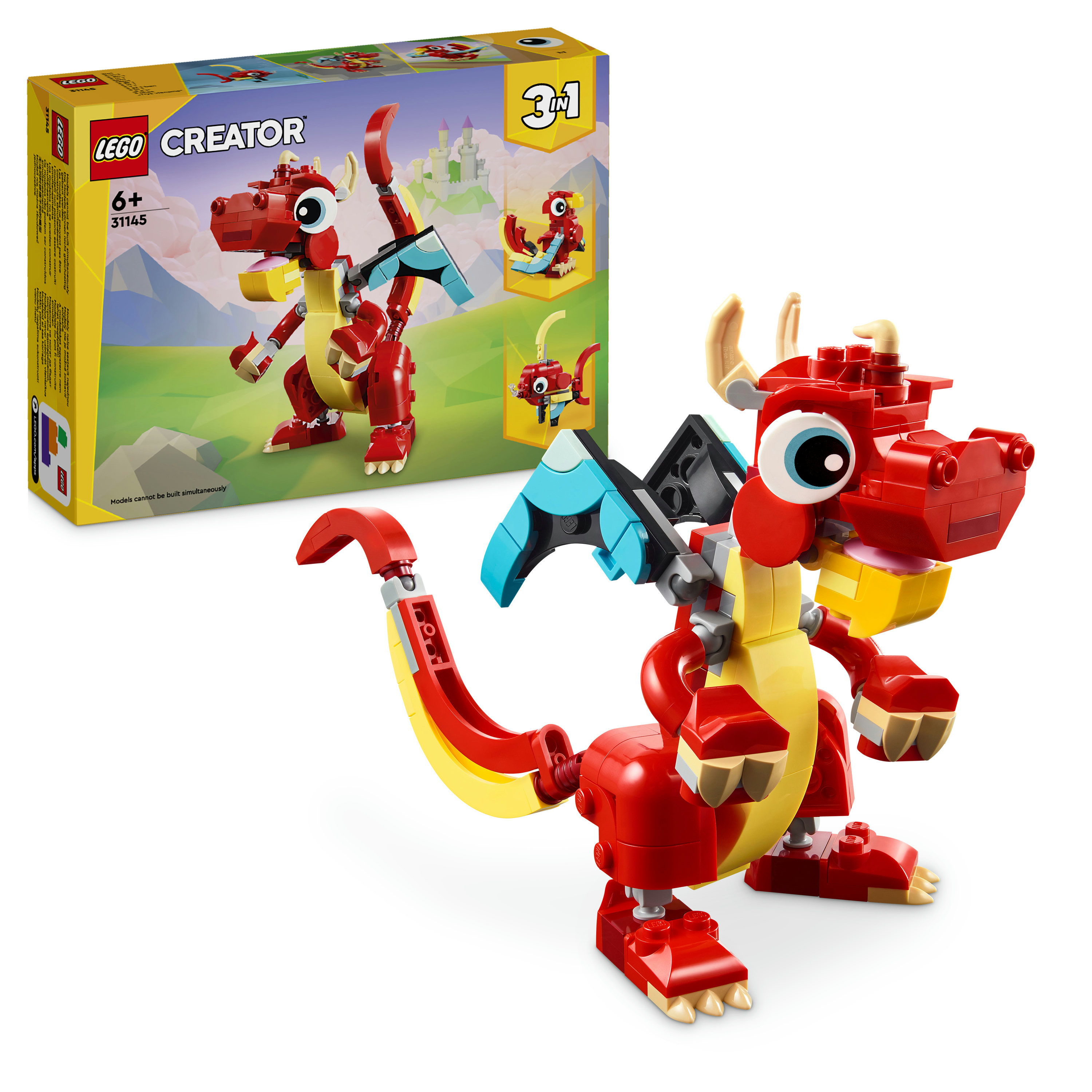 LEGO Creator 31145 3in1 Drago Rosso, Giochi per Bambini di 6+ Anni, Action Figure Ricostruibile in Pesce e Fenice Giocattolo