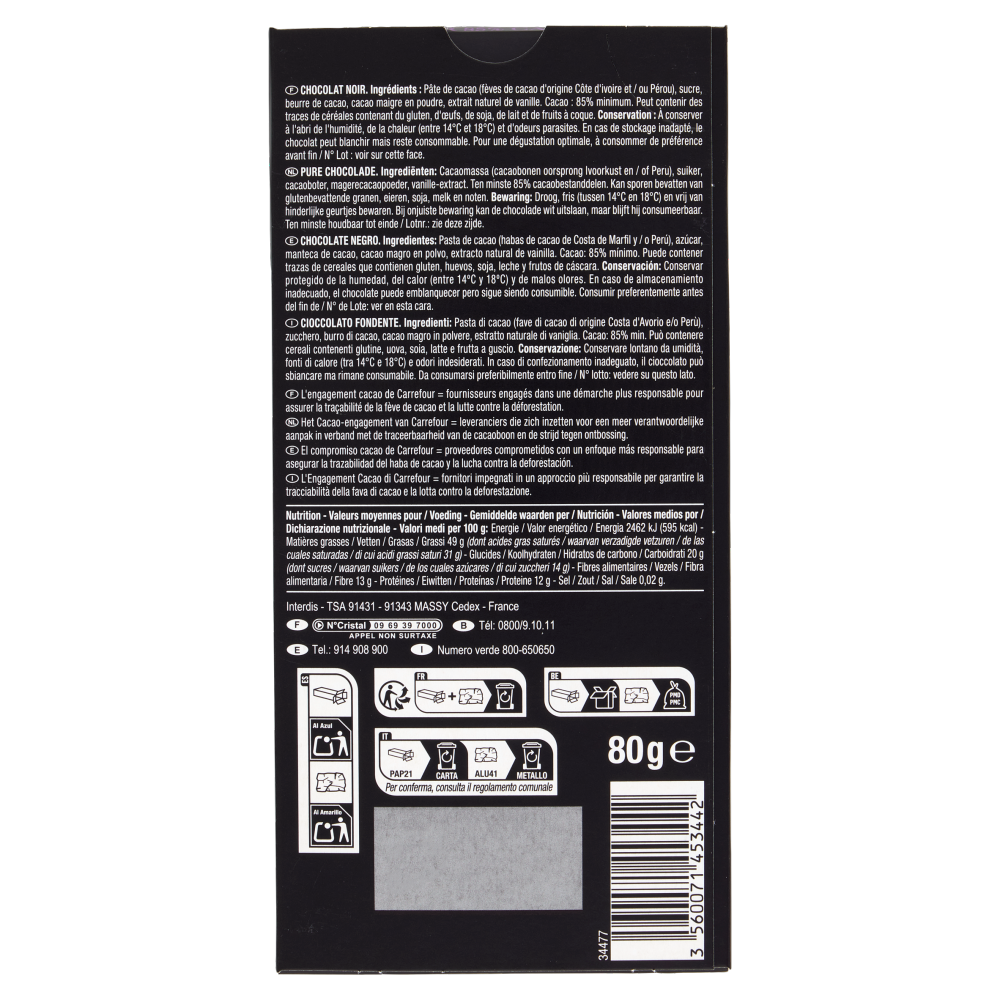 Carrefour Selection 85% Cacao Noir 80 g