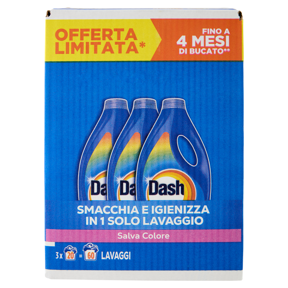 Dash Power Detersivo Liquido Lavatrice, Salva Colore, 3x20 Lavaggi=60 Lavaggi 3x900 ml